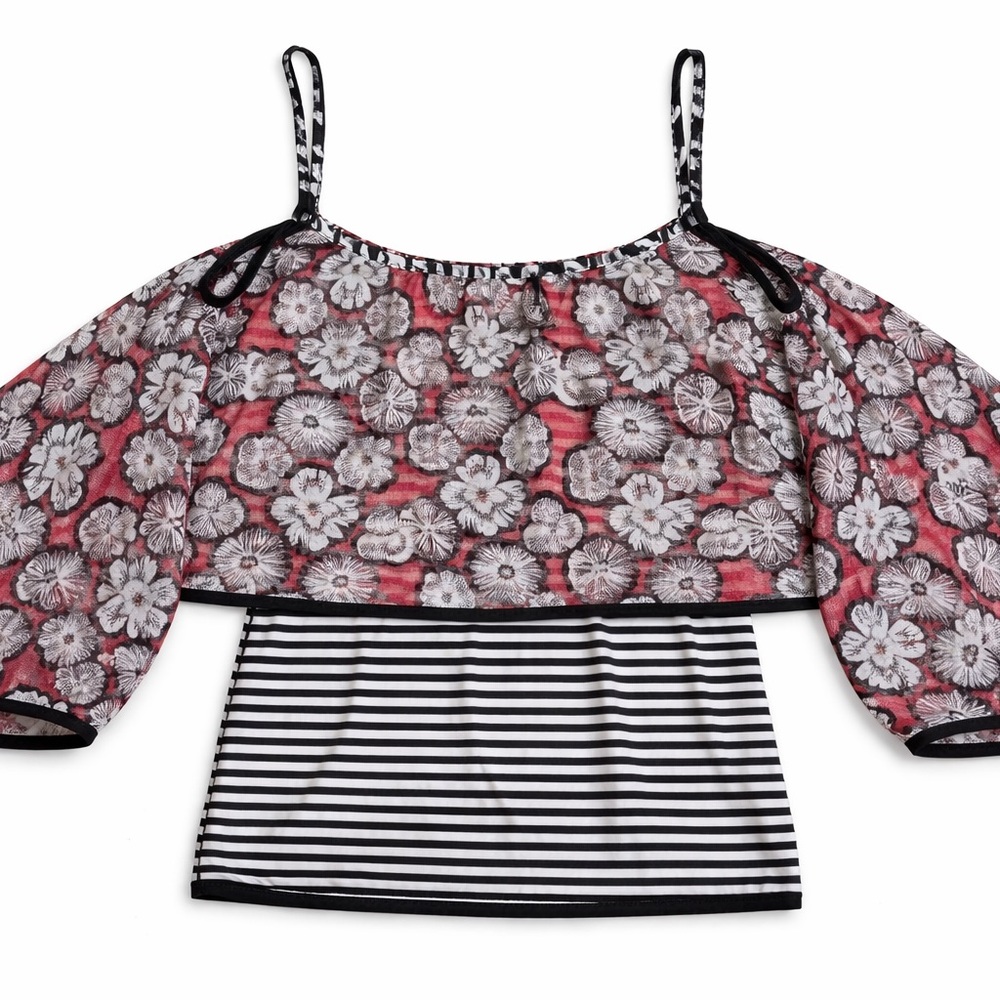 SAVE THE QUEEN Designer Black & White Striped Floral Mesh Open Shoulder Top S - Picture 4 of 13